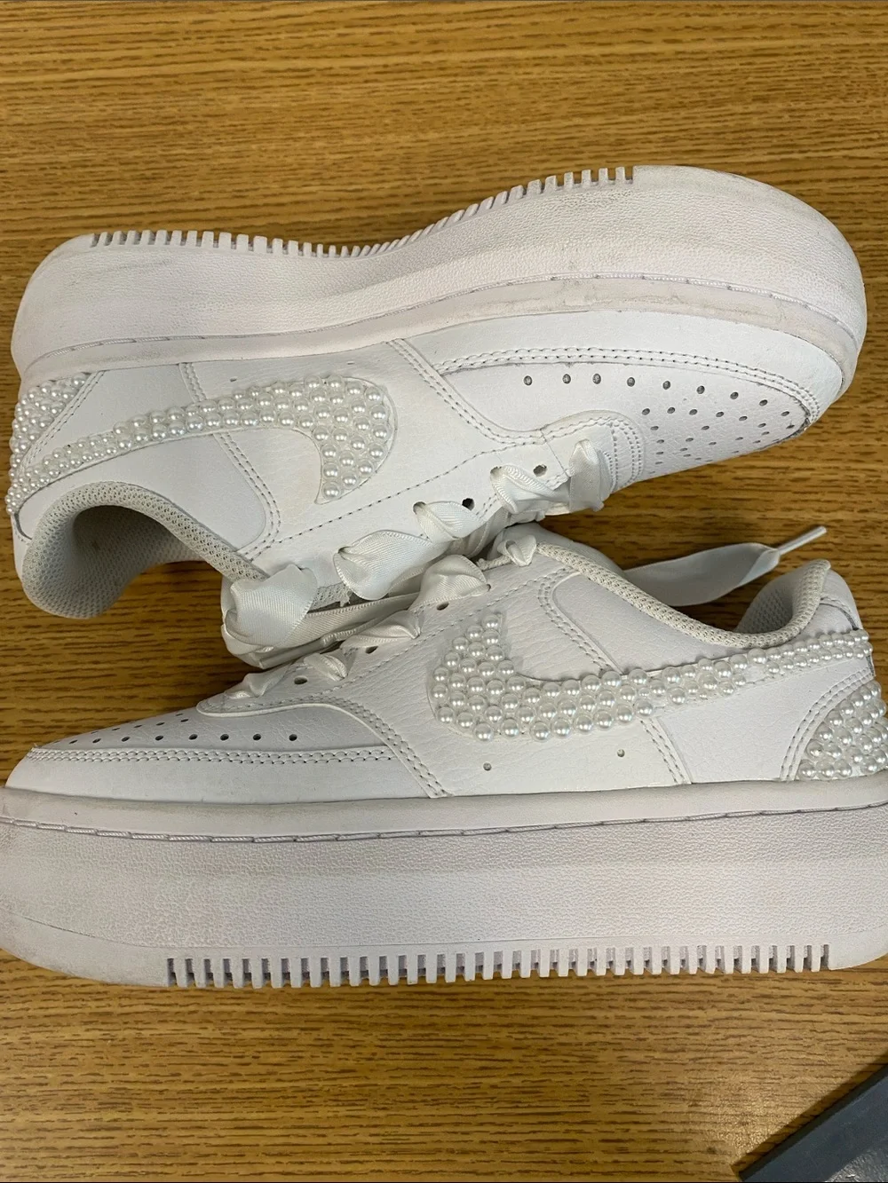 Nike White Platform Sneakers with Pearl Swoosh